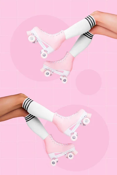 Vertical Collage Illustration Two Girl Cropped Legs Rollerblades Isolated Checkered — Stok fotoğraf