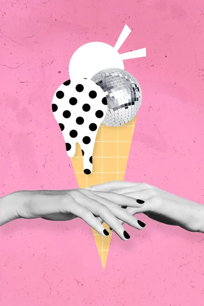 Collage Image Pinup Pop Retro Sketch Palms Holding Disco Ice — ストック写真