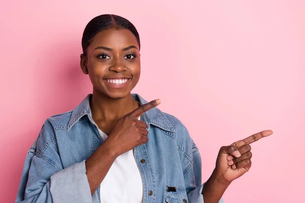 Portrait Cute Cheerful Young Girl Point Finger Empty Space Promote — Stockfoto