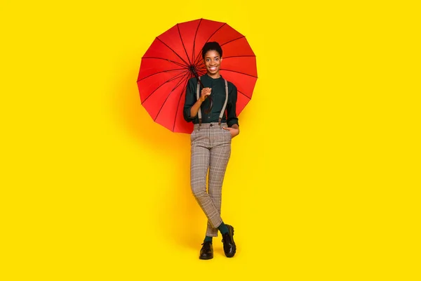 Full Length Body Size View Attractive Cheerful Woman Holding Parasol — Photo