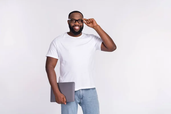 Photo Confident Cute Man Wear Casual Shirt Arm Spectacles Holding — Stockfoto