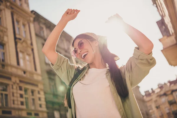 Portrait Pretty Cheerful Overjoyed Person Enjoy Dancing Warm Sunny Weather — Photo