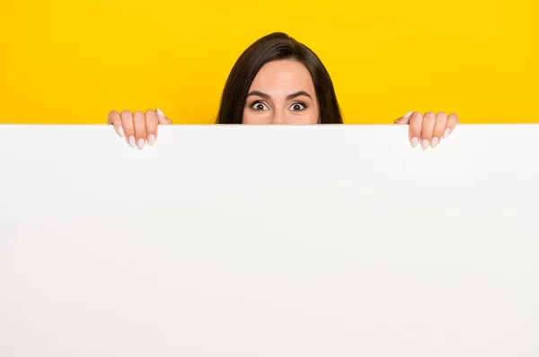 Photo Portrait Lovely Young Woman Hiding White Wall Blank Space — Stockfoto