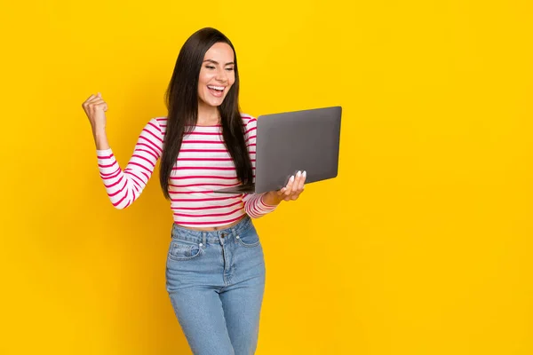 Portrait Photo Young Attractive Charming Nice Girl Hold Laptop Celebrate — Stockfoto