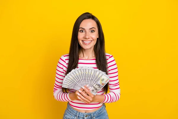 Portrait Photo Young Attractive Cute Smiling Woman Hold Stack Money — Stok fotoğraf