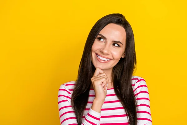 Close Photo Pretty Young Girl Touch Chin Thoughtful Look Empty — Stockfoto