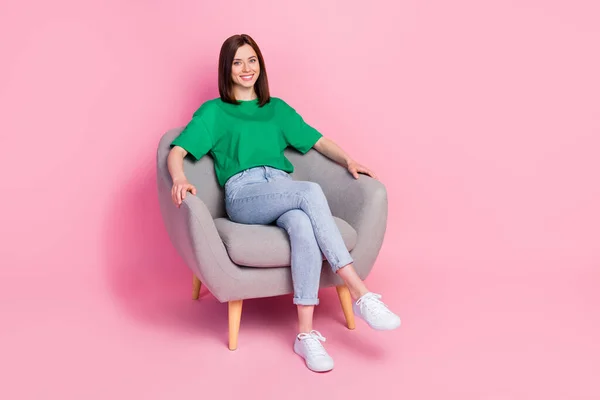 Full Size Portrait Gorgeous Satisfied Girl Sitting Comfy Chair Toothy —  Fotos de Stock