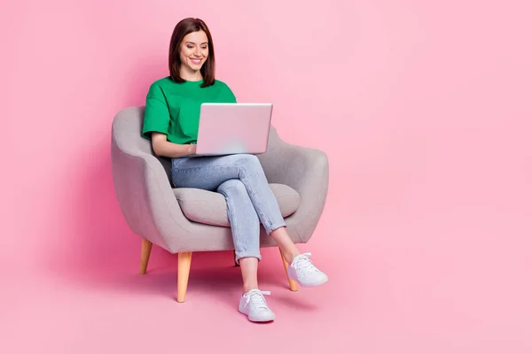 Full Length Portrait Cheerful Pretty Person Sit Chair Use Wireless — Stock Photo, Image