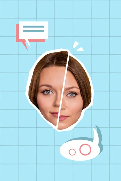 Vertical Collage Picture Girl Head Divided Face Chatting Communicate Bubble — Stok fotoğraf
