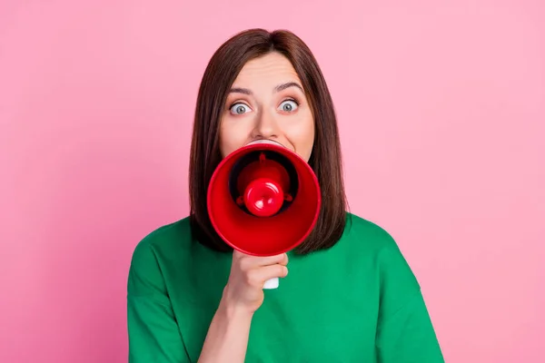 Portrait Pretty Positive Lady Arm Hold Loud Speaker Share News — Stock Photo, Image