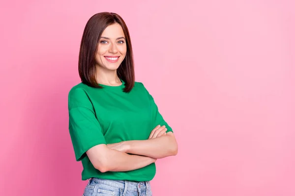 Photo Portrait Stunning Young Woman Crossed Arms Present Service Promoter — Stockfoto