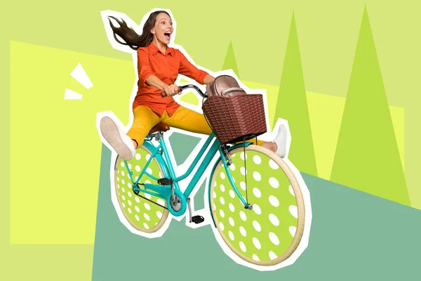 Exclusive painting magazine sketch image of funny funky lady driving colorful bike isolated painting background.