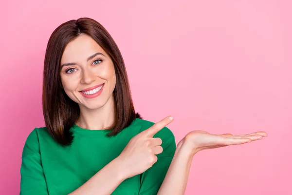 Closeup Photo Young Smiling Woman Hold Hand New Product Advertisement — Fotografia de Stock