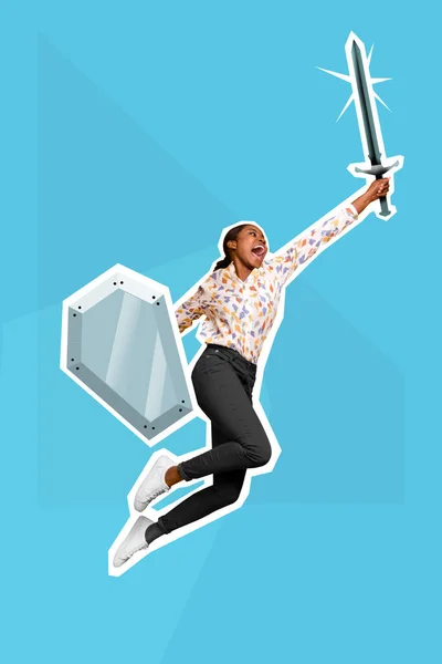 Creative Retro Magazine Image Funny Funky Lady Jumping High Rising — Foto Stock
