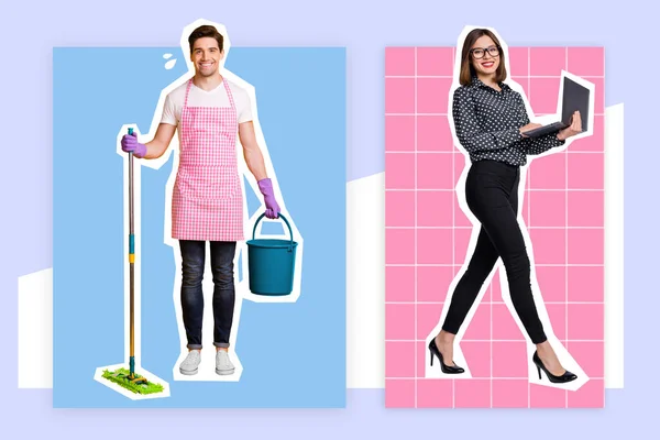 Retro Abstract Creative Artwork Template Collage Guy Lady Family Changing — Stockfoto