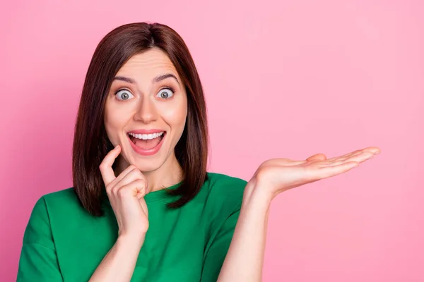 Closeup Photo Young Funny Surprised Woman Hold Object Empty Space — Stockfoto