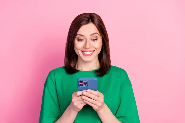 Portrait Cheerful Pretty Lady Hold Use Telephone Toothy Smile Isolated — Foto de Stock
