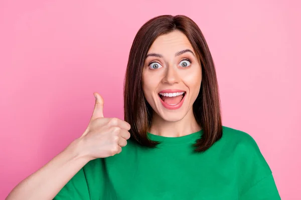 Closeup Photo Young Funny Attractive Woman Showing Thumb Crazy Mood — Stockfoto
