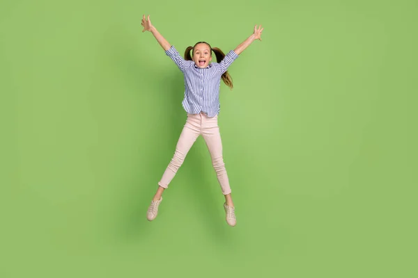 Full Length Photo Positive Child Girl Jump High Hands Star —  Fotos de Stock