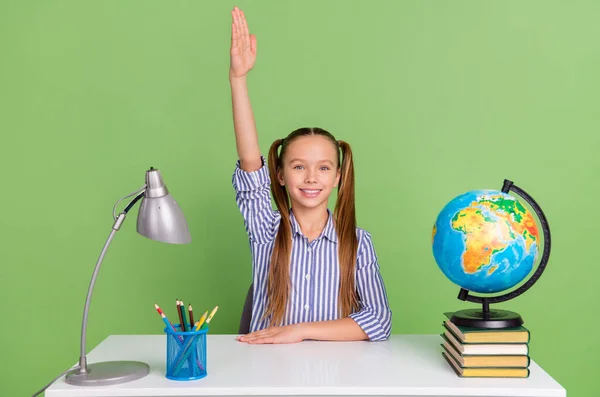 Photo Cute Excited Little Schoolkid Wear Striped Shirt Ponytails Sitting — ストック写真