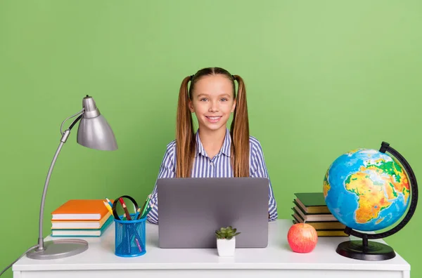 Photo Cheerful Sweet Little Schoolkid Wear Striped Shirt Ponytails Sitting — Zdjęcie stockowe