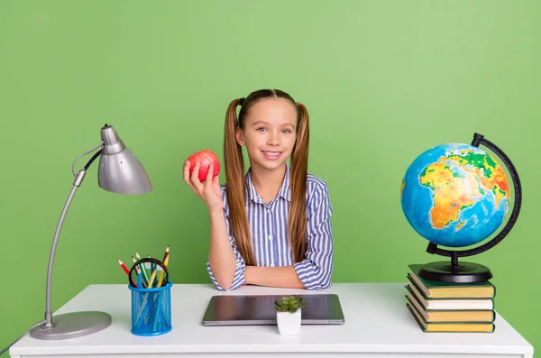 Photo Funny Cheerful Little Schoolkid Wear Striped Shirt Ponytails Sitting — Stockfoto