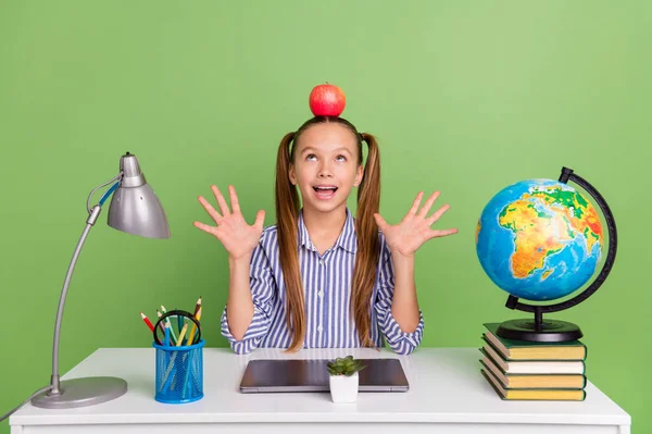Photo Excited Funny Little Schoolkid Wear Striped Shirt Ponytails Sitting — Foto de Stock
