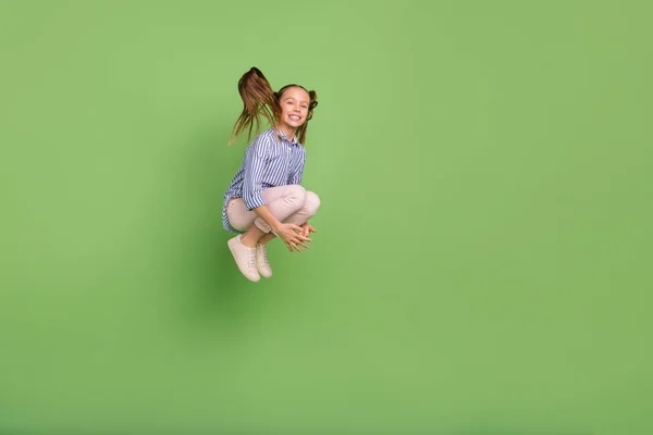 Full Body Photo Cheerful Kid Girl Jumping High Ponytails Fly — Stock Fotó