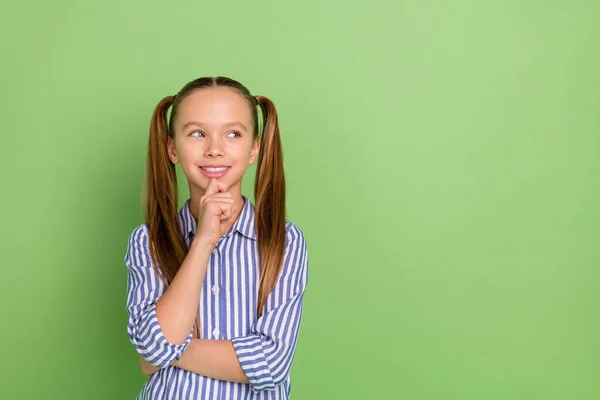 Photo Minded Child Girl Touch Chin Look Empty Space Decide — Stockfoto