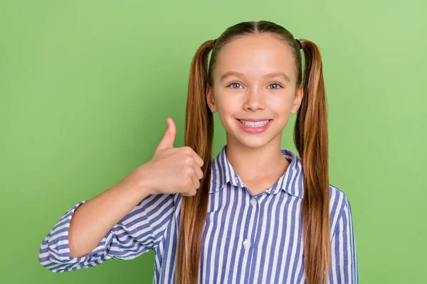 Portrait Positive Kid Girl Make Thumb Symbol Offer Shopping Sale — Stockfoto