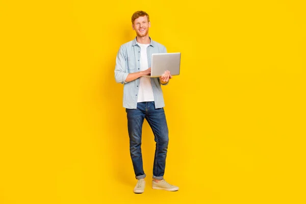 Full Length Photo Young Smiling Happy Guy Hold Laptop Programmer — Zdjęcie stockowe