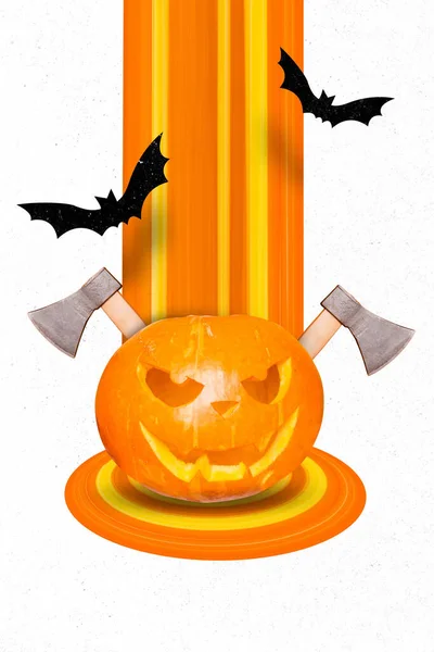 Vertical Collage Image Horrifying Halloween Pumpkin Two Axes Flying Bats — Stock Fotó
