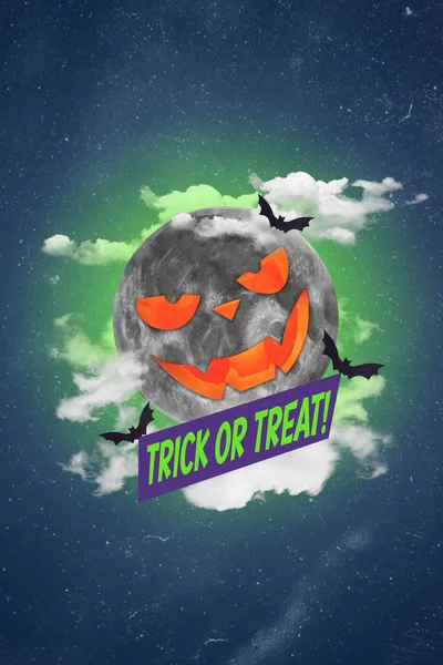 Vertical Collage Image Halloween Pumpkin Moon Trick Treat Text Flying —  Fotos de Stock