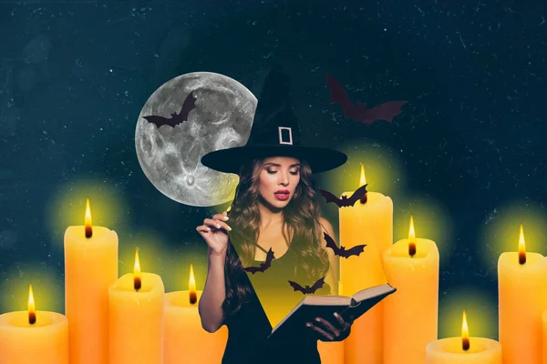 Creative Collage Picture Sorcerer Witch Girl Hold Magic Wand Read — Stockfoto