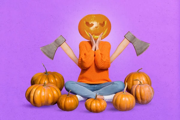 Composite Collage Person Scary Festive Pumpkin Instead Head Two Axes — Stok fotoğraf