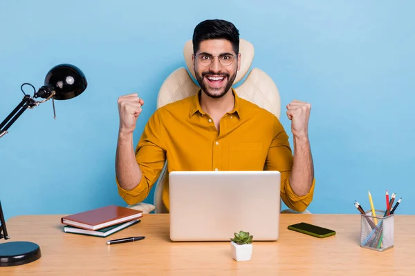 Portrait Delighted Positive Man Raise Fists Celebrate Achieve Triumph Isolated — Stock fotografie