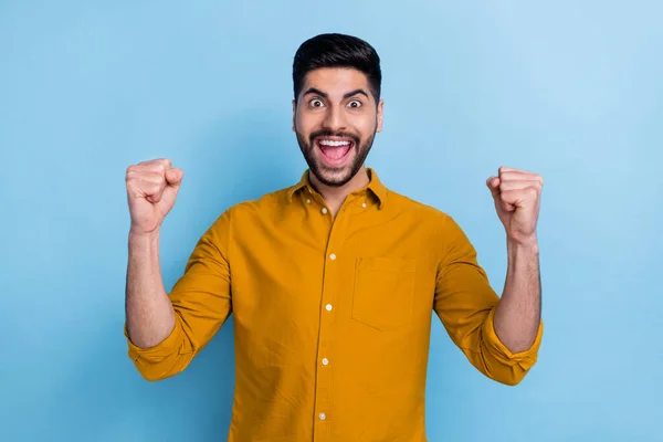 Portrait Positive Overjoyed Ecstatic Person Dressed Yellow Shirt Holding Hands — Foto Stock