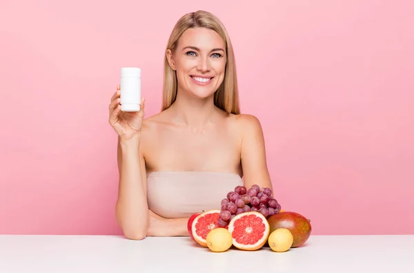 Photo Joyful Lady Hold Small Bottle Vitamins Meds Concept Have — Stockfoto