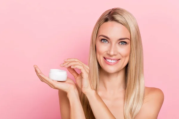 Photo Joyful Lady Hold Lotion Jar Want Her Face Silky — Stockfoto