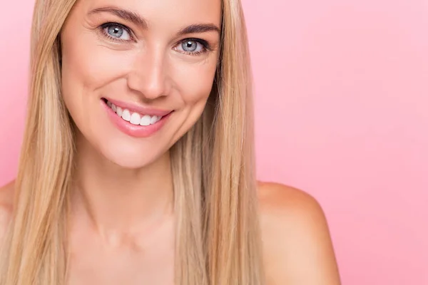 Cropped photo of joyful lady toothy smiling detox aesthetic pure skin treatment concept isolated over pink pastel color background.