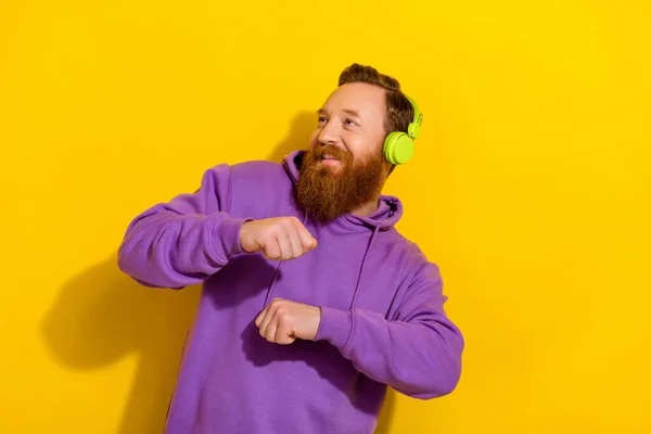 Photo Charming Sweet Guy Dressed Purple Sweater Headphones Dancing Looking —  Fotos de Stock