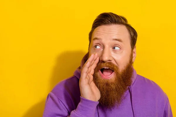 Photo Funky Excited Guy Dressed Purple Sweater Looking Empty Space — Stockfoto