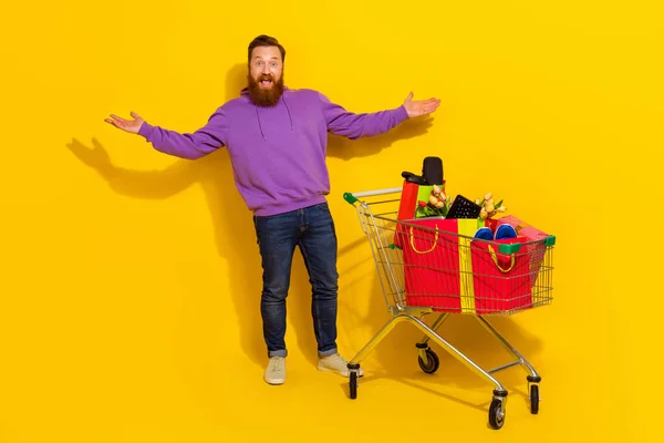 Full Length Portrait Crazy Positive Person Full Shopping Trolley Isolated — ストック写真