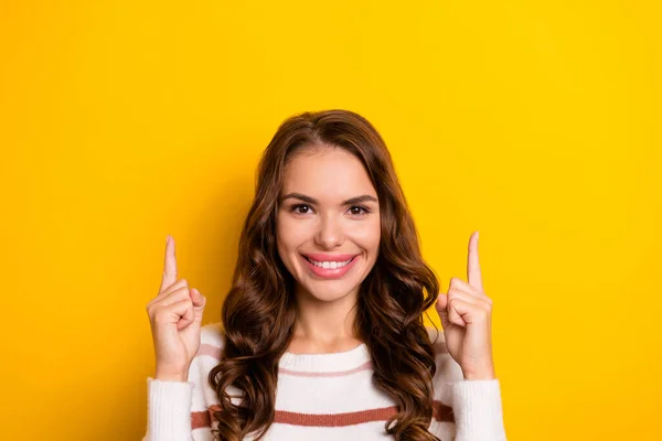 Portrait Cheerful Cute Person Indicate Fingers Empty Space Blank Isolated — Stockfoto