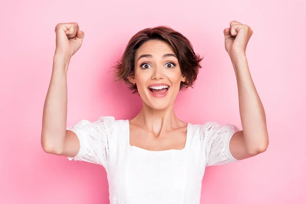 Photo Portrait Stunning Young Lady Support Favorite Team Raise Fist — Fotografia de Stock