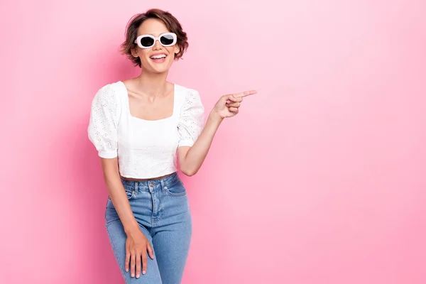 Photo Adorable Gorgeous Pretty Nice Girl Dressed White Top Glasses — Foto Stock