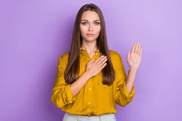 Photo Serious Millennial Lady Pray Wear Yellow Shirt Isolated Purple —  Fotos de Stock