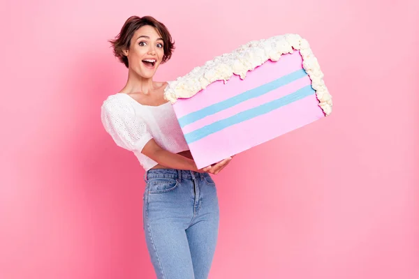 Photo Funny Excited Girl Dressed White Blouse Holding Big Cake — Stockfoto