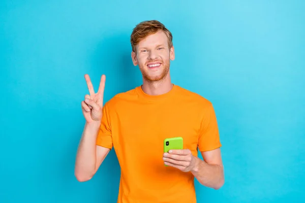 Portrait Positive Cheerful Handsome Guy Red Hairstyle Wear Orange Shirt — Stockfoto