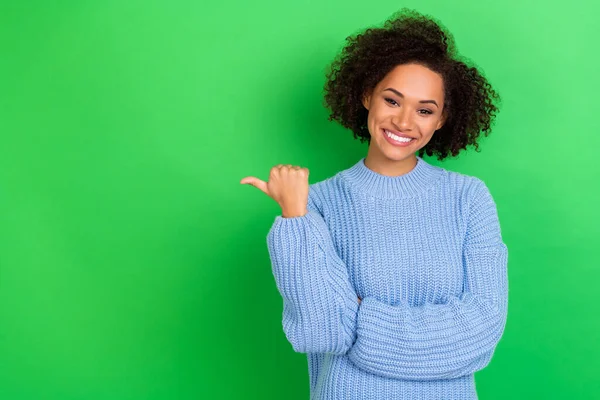 Photo Funny Nice Girl Curly Hairstyle Wear Blue Sweater Directing — Stok fotoğraf